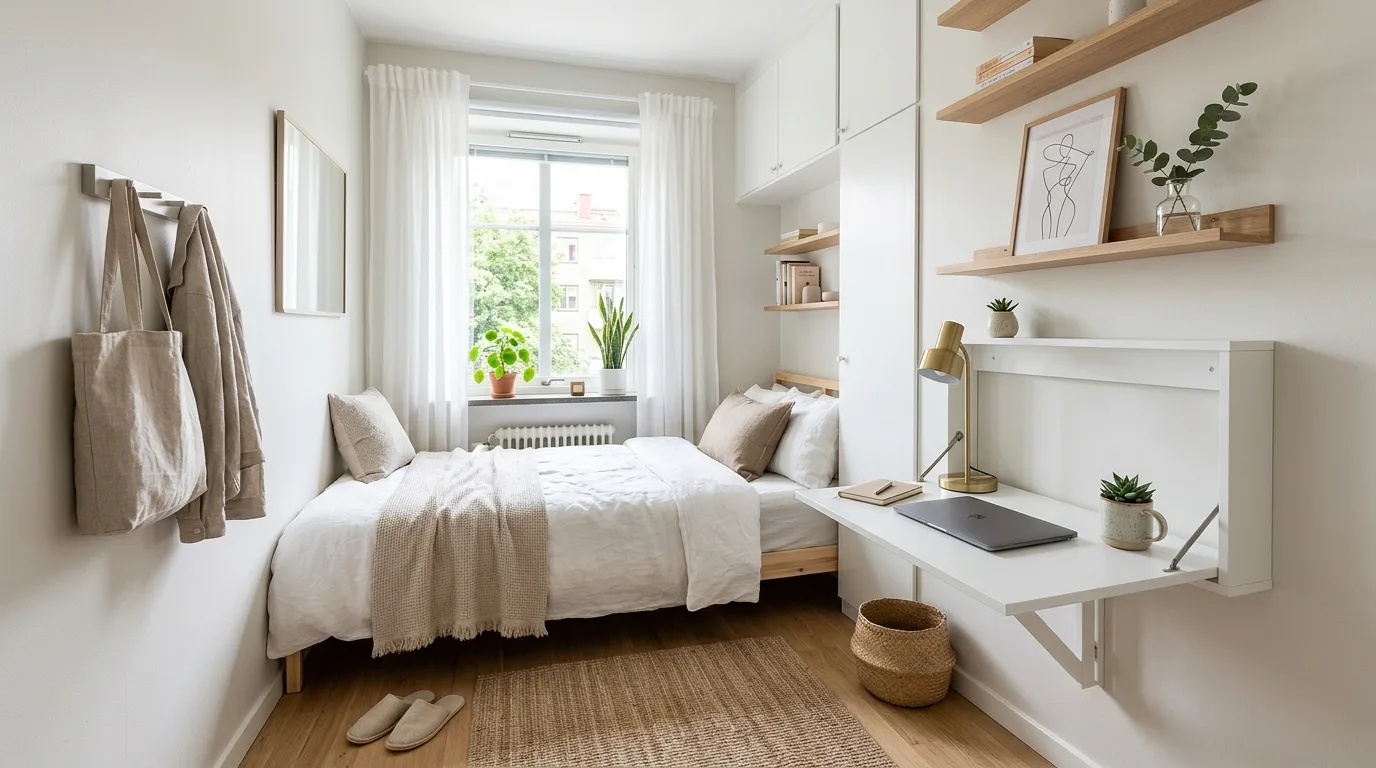 Use wall sconces instead of bulky lamps inspiration for a small bedroom.